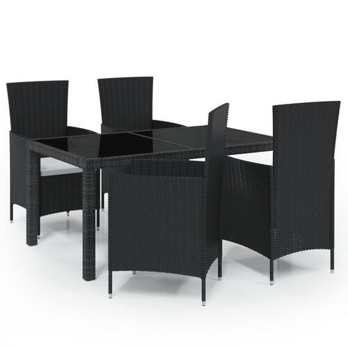 Udendørs spisebordssæt 5 dele med hynder polyrattan sort