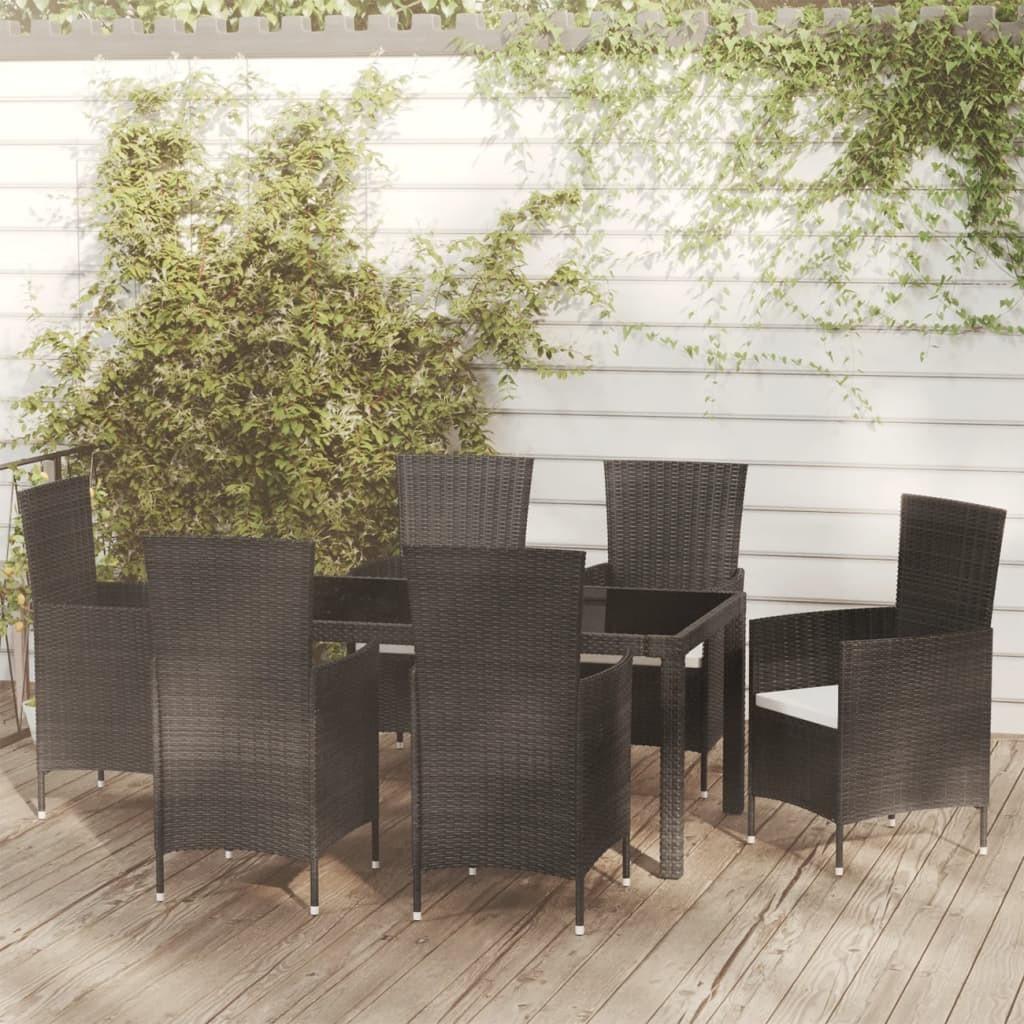 Udendørs spisebordssæt 7 dele med hynder polyrattan sort