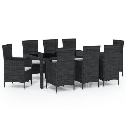 Udendørs spisebordssæt 9 dele med hynder polyrattan sort