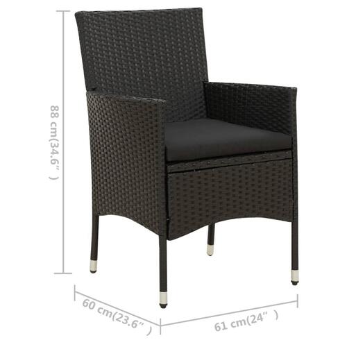 Udendørs spisebordssæt 3 dele med hynder polyrattan sort