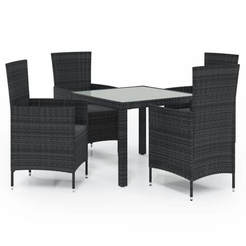 Udendørs spisebordssæt 5 dele med hynder polyrattan sort