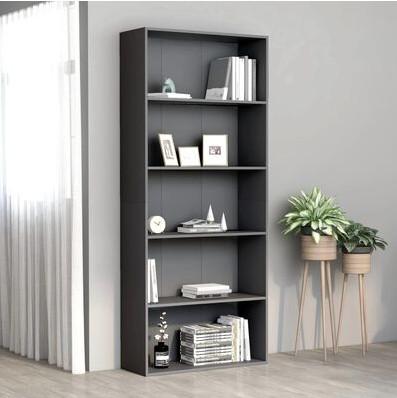 Bogreol med 5 hylder 80x30x189 cm konstrueret træ grå