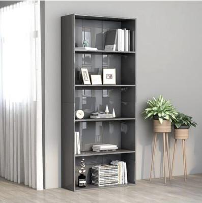 Bogreol med 5 hylder 80x30x189 cm konstrueret træ grå højglans