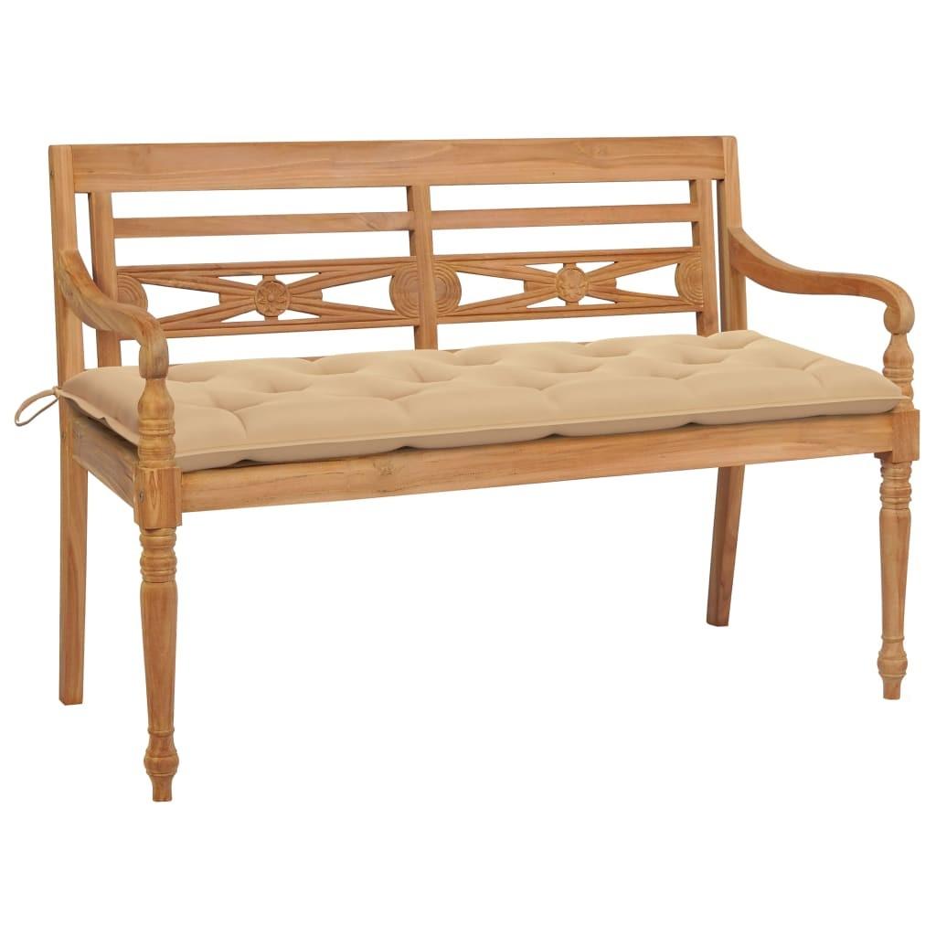 Batavia-bænk med beige hynde 150 cm massivt teaktræ