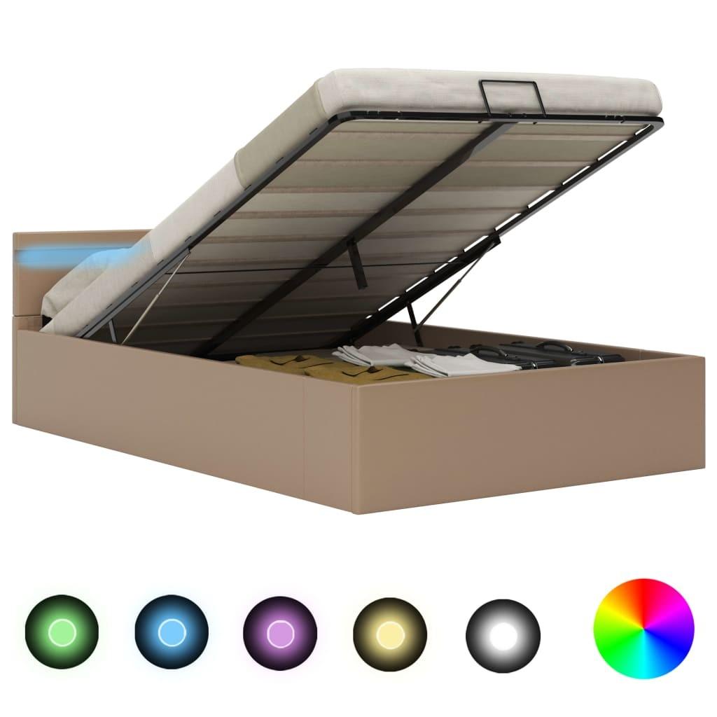 Hydraulisk opbevaringsseng LED 140x200 cm kunstlæder cappuccino