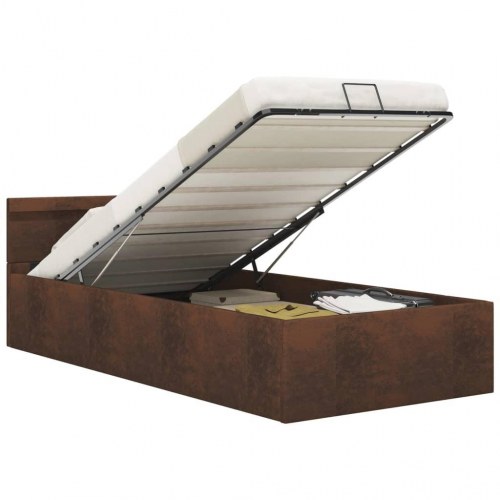 Hydraulisk opbevaringsseng med LED 90x200 cm stof brun