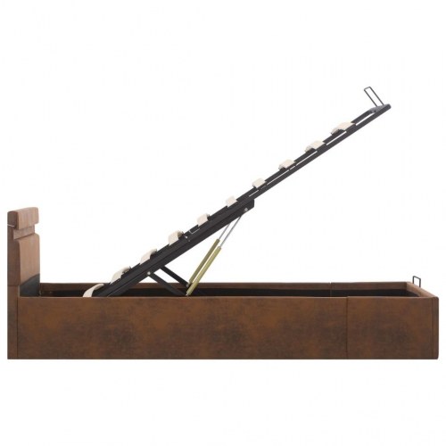Hydraulisk opbevaringsseng med LED 90x200 cm stof brun