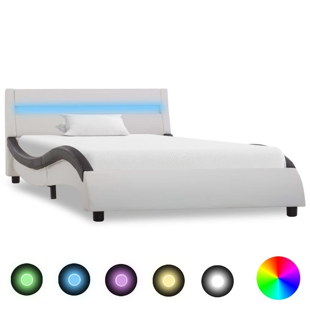 Sengestel med LED 90x200 cm kunstlæder hvid og sort