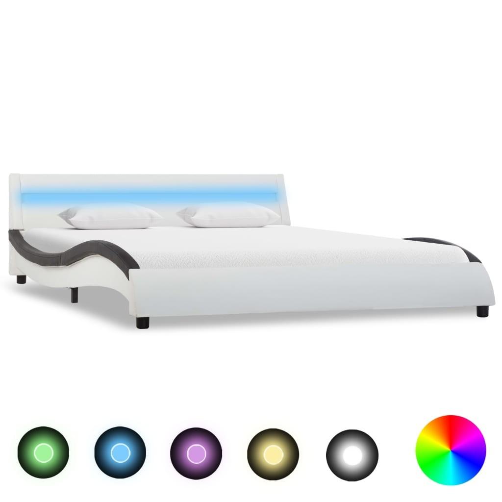 Sengestel med LED 160x200 cm kunstlæder hvid og sort