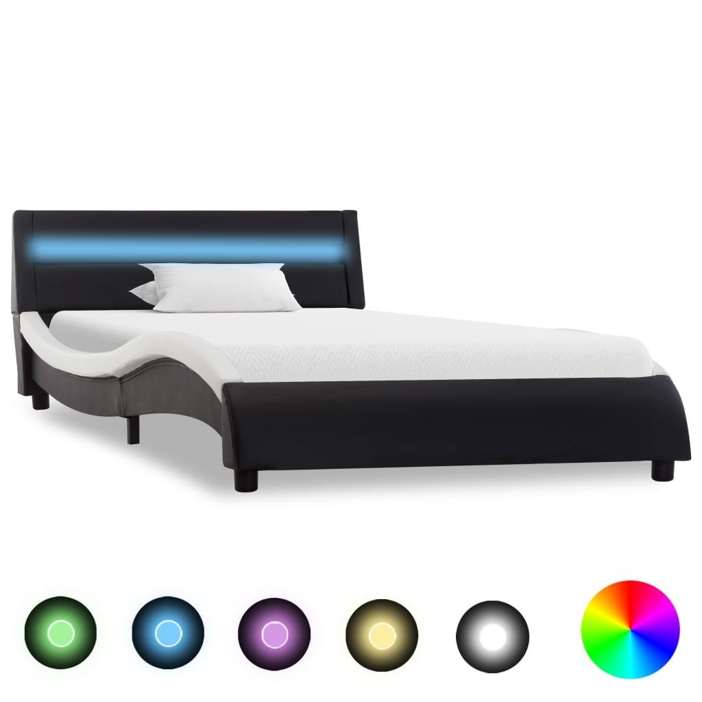 Sengestel med LED 90 x 200 cm kunstlæder sort og hvid