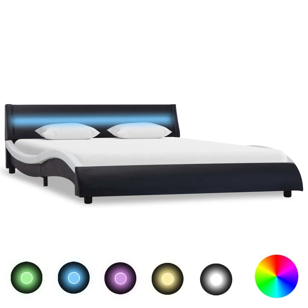 Sengestel med LED 140x200 cm kunstlæder sort og hvid