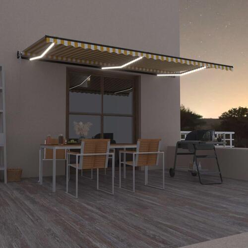 Markise m. LED + vindsensor 600x350 cm automatisk gul og hvid