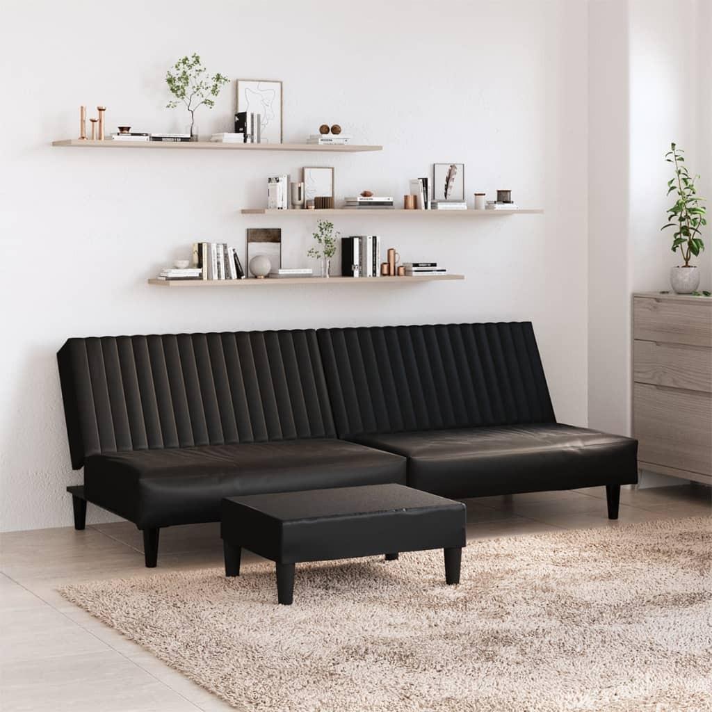2-personers sovesofa med fodskammel kunstlæder sort