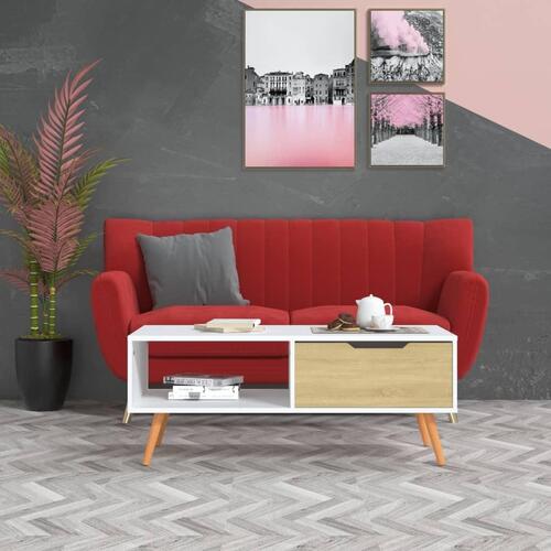 Sofabord 100x49,5x43 cm konstrueret træ hvid og sonoma-eg