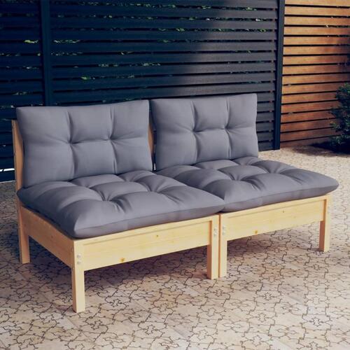 2-personers havesofa med grå hynder massivt fyrretræ