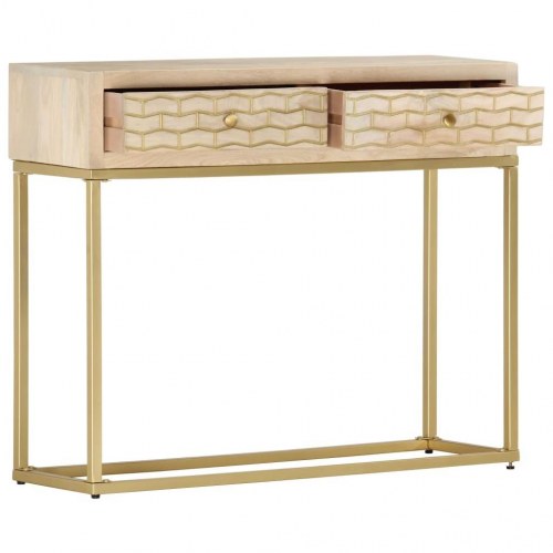 Konsolbord i massivt mangotræ med stålstel - 90×30×75 cm, natur/guld