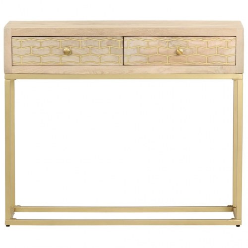 Konsolbord i massivt mangotræ med stålstel - 90×30×75 cm, natur/guld