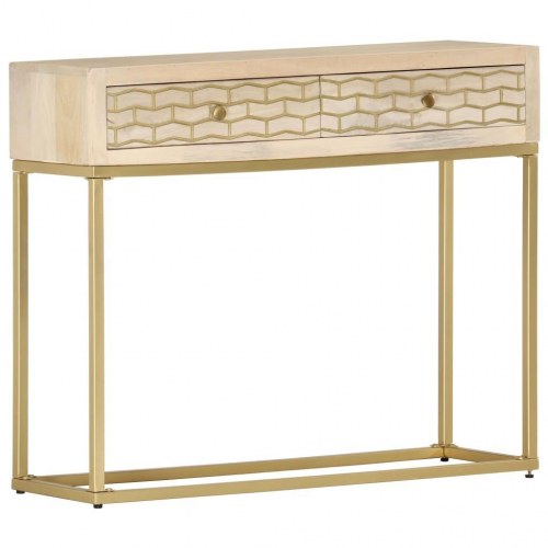 Konsolbord i massivt mangotræ med stålstel - 90×30×75 cm, natur/guld