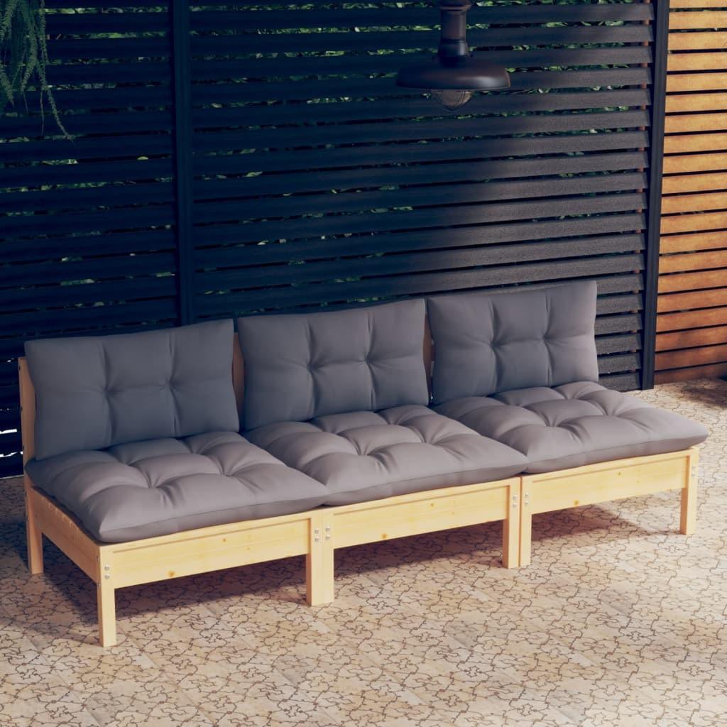 3-personers havesofa med grå hynder massivt fyrretræ