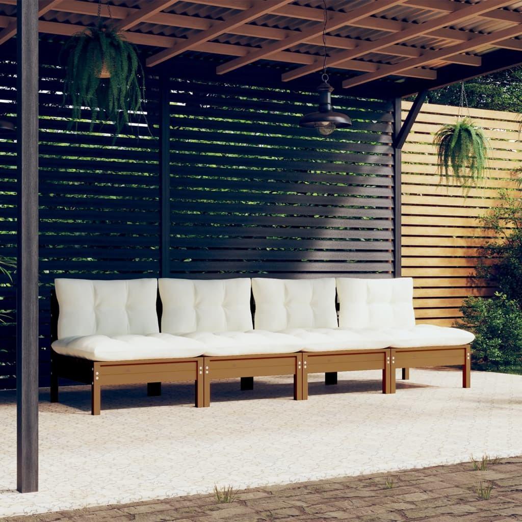 4-personers havesofa med cremefarvede hynder massivt fyrretræ