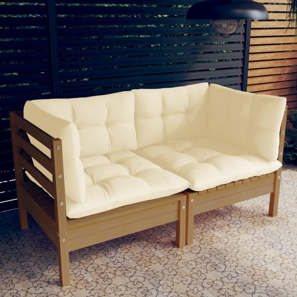 2-personers havesofa med cremefarvede hynder massivt fyrretræ