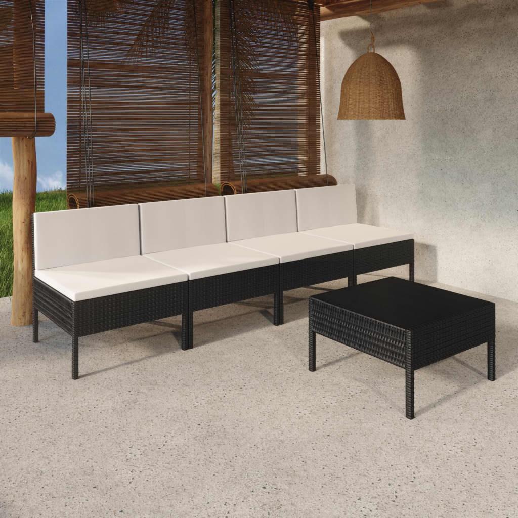 Loungesæt til haven 5 dele med hynder i polyrattan - sort/creme billede