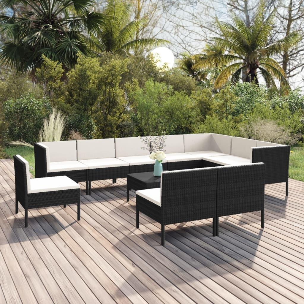 Loungesæt til haven 11 dele med hynder polyrattan sort