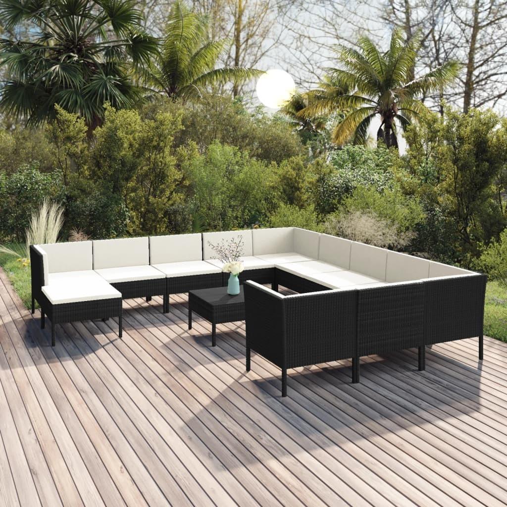 Loungesæt til haven 13 dele med hynder i polyrattan - sort/creme