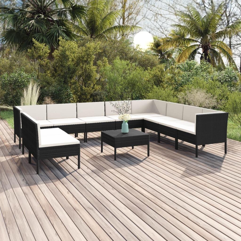 Loungesæt til haven 11 dele med hynder i polyrattan - sort/creme