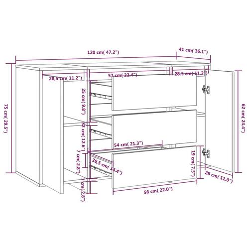 Kommode med 3 skuffer 120x41x75 cm konstrueret træ betongrå