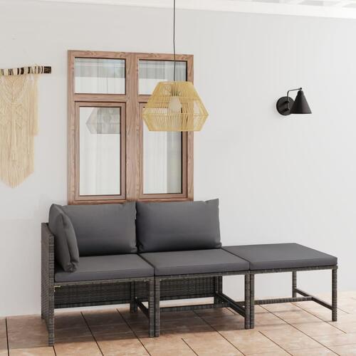 Loungesæt til haven 3 dele med hynder polyrattan grå