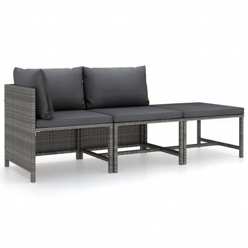 Loungesæt til haven 3 dele med hynder polyrattan grå