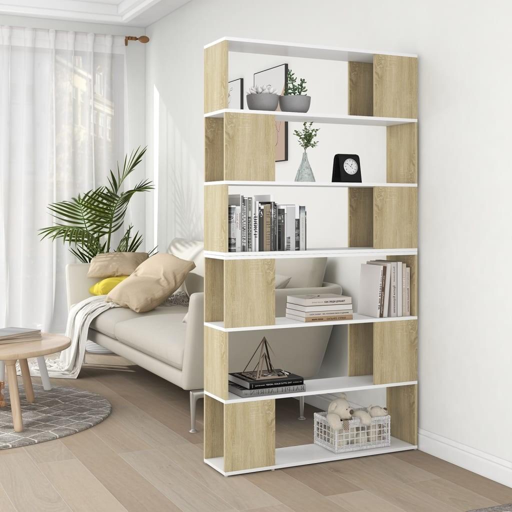 Bogskab/rumdeler 100x24x188 cm spånplade hvid og sonoma-eg