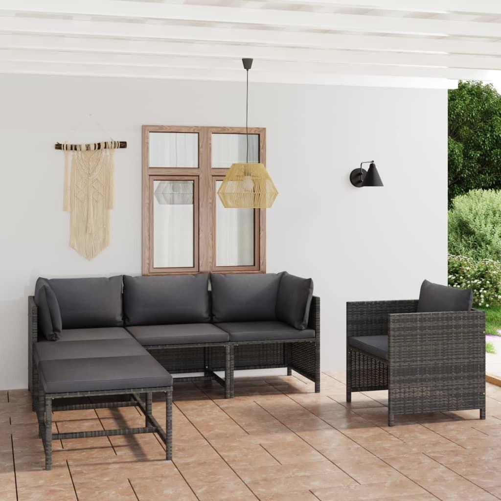 Loungesæt til haven 6 dele med hynder polyrattan grå