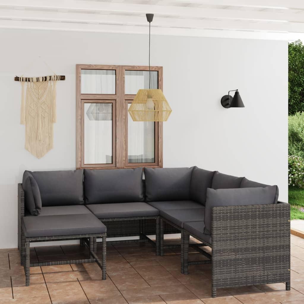 Loungesæt til haven 6 dele med hynder polyrattan grå