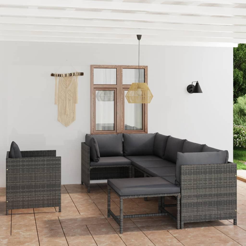 Loungesæt til haven 7 dele med hynder polyrattan grå