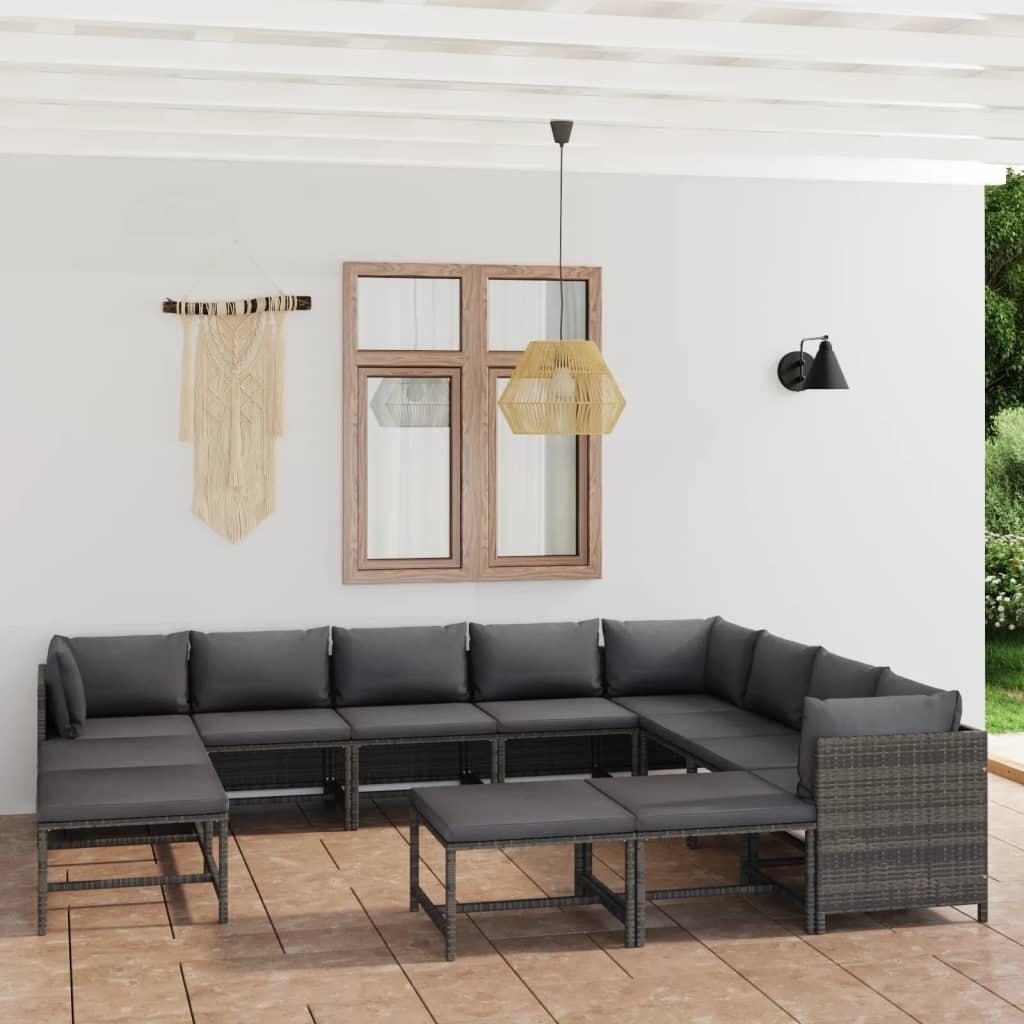 Loungesæt til haven 12 dele med hynder polyrattan grå