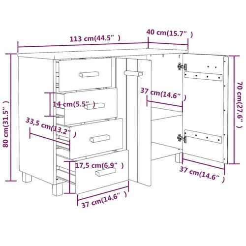 Skænk HAMAR 113x40x80 cm massivt fyrretræ hvid