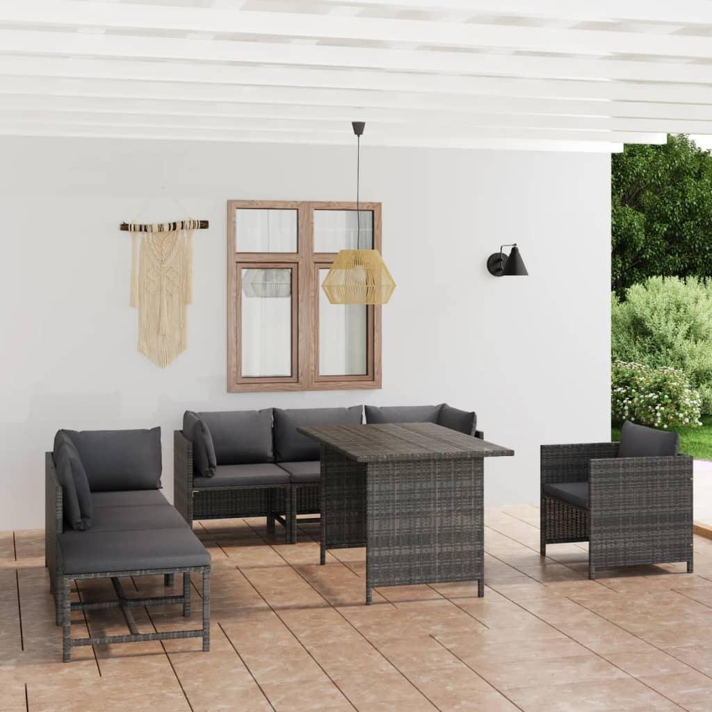 Loungesæt til haven 8 dele med hynder polyrattan grå