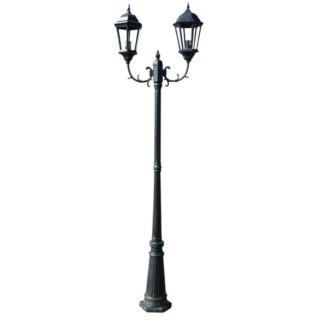Lygtepæl med 2 arme 230 cm aluminium mørkegrøn/sort