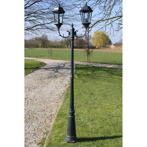 Lygtepæl med 2 arme 230 cm aluminium mørkegrøn/sort