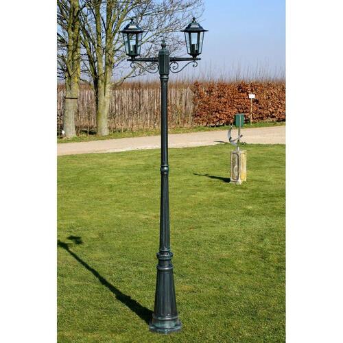 Lygtepæl med 2 arme 215 cm aluminium mørkegrøn/sort