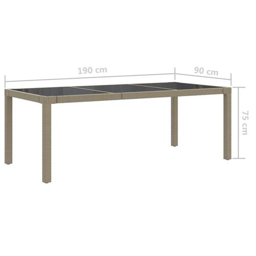 Havebord 190x90x75 cm hærdet glas og polyrattan beige