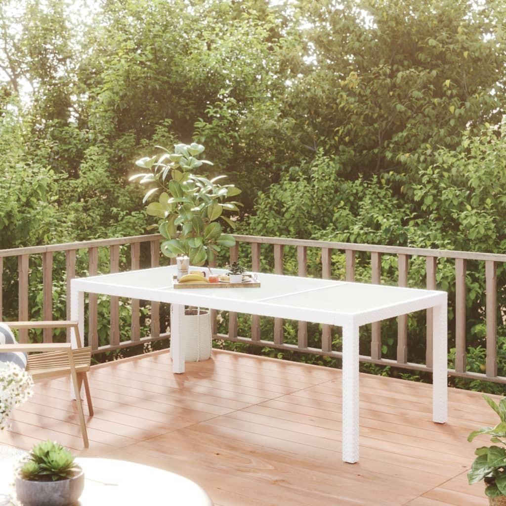 Havebord 190x90x75 cm hærdet glas og polyrattan hvid