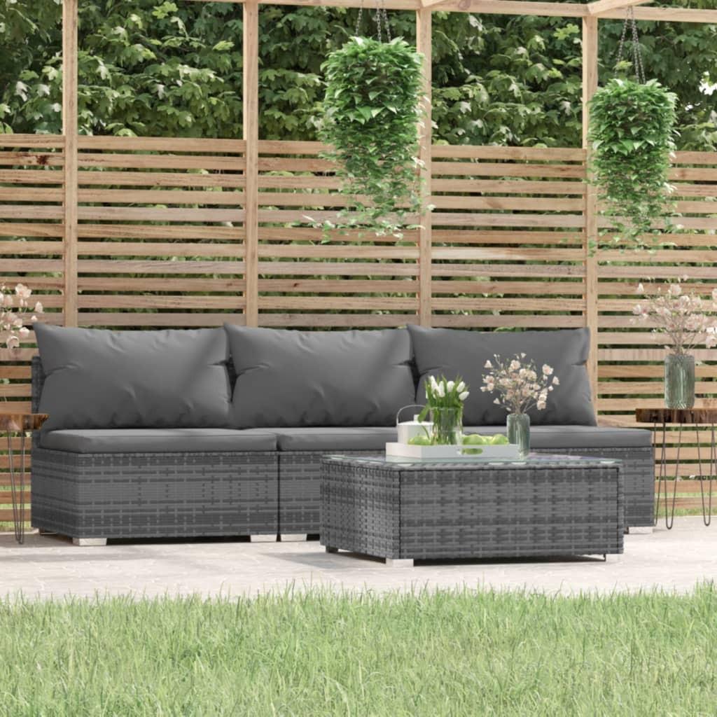 Loungesæt til haven 4 dele med hynder i polyrattan grå billede