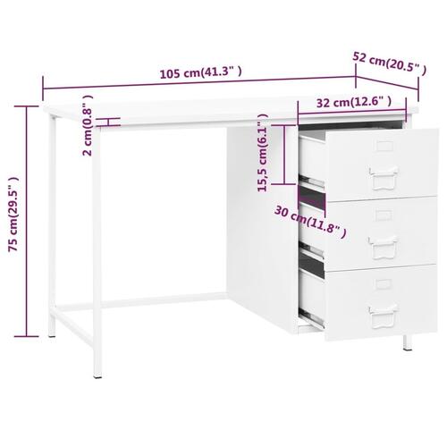 Industrielt skrivebord med skuffer 105x52x75 cm stål hvid