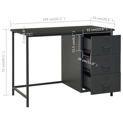 Industrielt skrivebord med skuffer 105x52x75cm stål antracitgrå