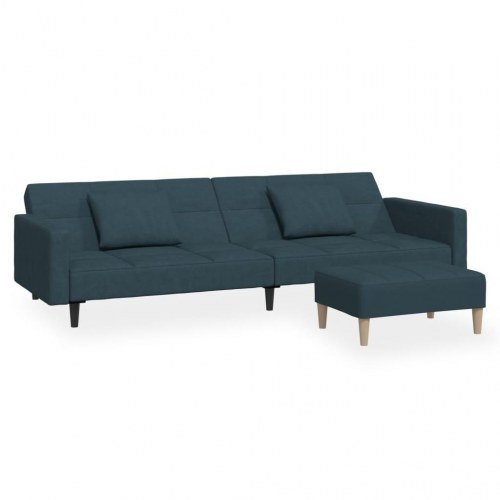 2-personers sovesofa med 2 puder og fodskammel fløjl blå