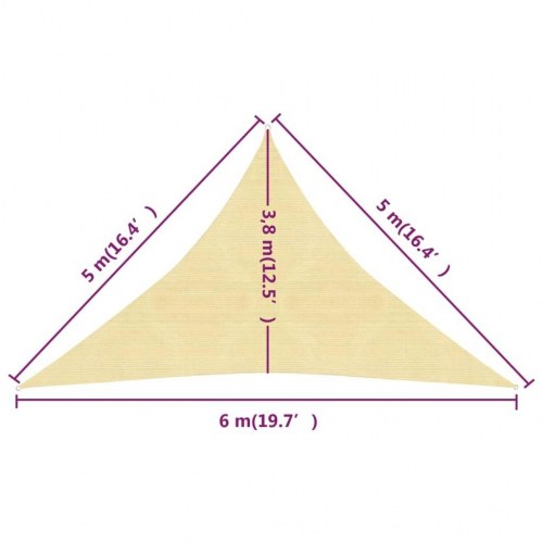 Solsejl trekant 5×5×6 m - HDPE 160 g/m², beige