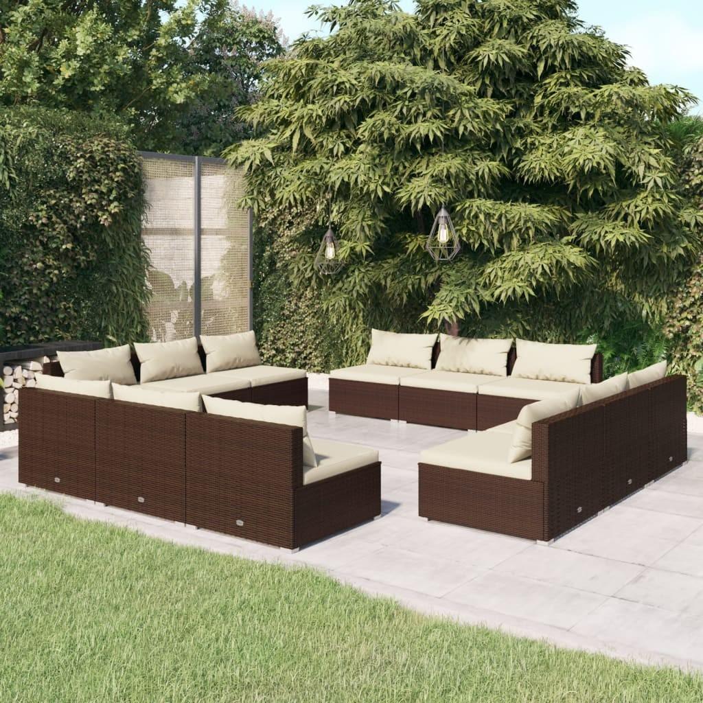 Loungesæt til haven 12 dele med hynder polyrattan brun